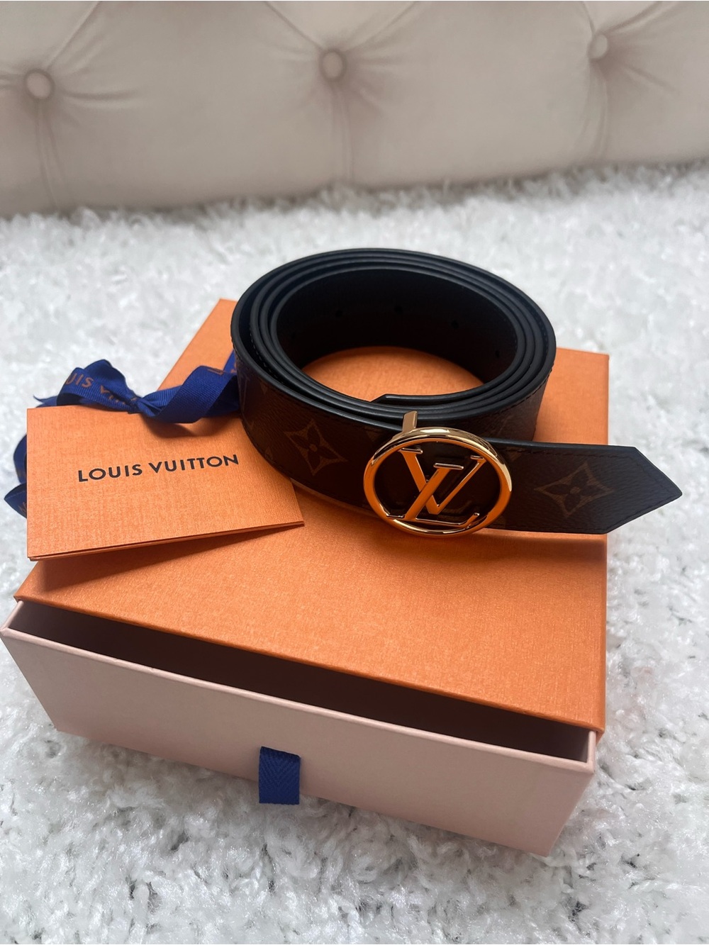 Louis Vuitton Monogram Round LV Buckle Belt - Brown with Gold Hardware